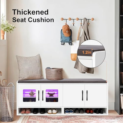 Shoe Bench with Thickened Cushion,Entrance Bench with Glass Door and Ambient Light,Three-Layer Shoe Rack,Color Changing Light Strip, Two Large Storage Spaces,Living Room,Bedroom,White