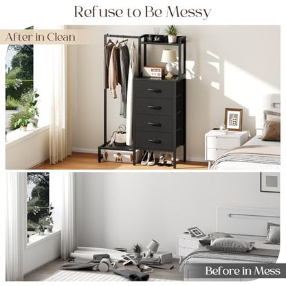 Yoobure Black Dresser with Hanging Rack - Small Closet with 4 Fabric Storage Drawers, 44" H Dresser with Clothes Rack, Chest of Drawer, Kids Dressers for Bedroom, Dorm, Living Room, Sturdy Frame - color: Black