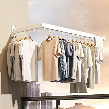 HEILAIYI Clothes Drying Rack,Laundry Drying Rack,Wall Mounted Clothes Rack,Laundry Rack Wall Mount,Folding Retractable Collapsible Drying Rack Clothing (Three-Poles,Loop Hooks,White) - size: White/Loop-Shape Hooks
