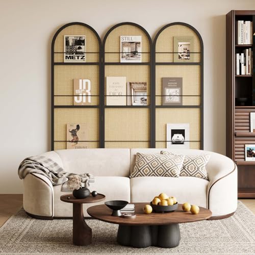 Rattan Room Divider with Built-in Bookshelf | Foldable Privacy Screen & Portable Partition for Home Office, Bedroom, Reading Nook | Wooden Frame, Freestanding Design (Black-Rattan) - color: Black-rattan