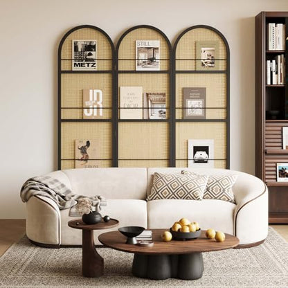 Rattan Room Divider with Built-in Bookshelf | Foldable Privacy Screen & Portable Partition for Home Office, Bedroom, Reading Nook | Wooden Frame, Freestanding Design (Black-Rattan) - color: Black-rattan