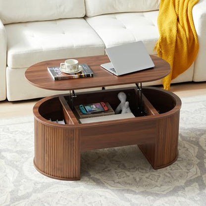 QHITTY Fluted Coffee Table with Lifting Top, Oval Wood Lift Top Coffee Table with Hidden Compartment, Mid Century Pull up Center Tables for Living Room, Office - Walnut - color: Round Table-walnut
