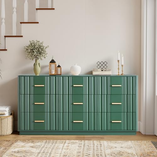 Fluted 9 Drawer Dresser,59"Wide Modern Chest of Drawers with Sturdy Base,Wood Closet Organizers,TV Stand,Storage Dresser with 9 Deep Drawers for Bedroom Living Room Hallway Entryway Nursery(Green) - color: 47" Wide Walnut