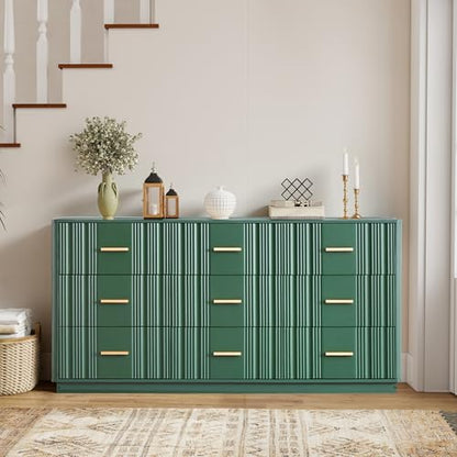 Fluted 9 Drawer Dresser,59"Wide Modern Chest of Drawers with Sturdy Base,Wood Closet Organizers,TV Stand,Storage Dresser with 9 Deep Drawers for Bedroom Living Room Hallway Entryway Nursery(Green) - color: 47" Wide Walnut