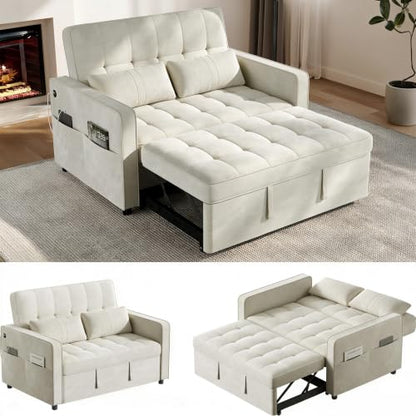 Yaheetech 3 in 1 Sofa Bed Convertible Sleeper Sofa with USB Ports, Beige | Velvet Pull Out Couch Folding Loveseat Sleeper, Armrest Pillows, USB Ports, Side Pockets for Living Room Bedroom Apartment - color: Beige