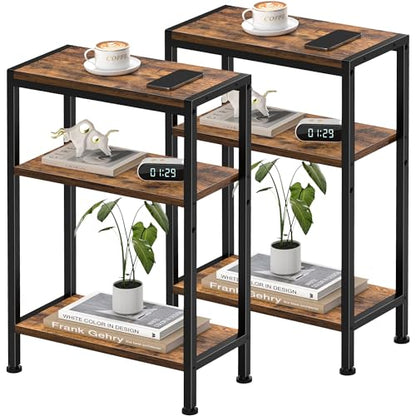 Narrow Side Table set of 2 for Small Space, 3 Tier Slim End Table, Thin Nightstand, Skinny Snack Couch Table, Sofa bedside Table in Living Room, Bedroom, Study, kitchen and Balcony (Rustic Brown) - color: Rustic Brown, size: 3-Tier (7.9''D*17''W*26.6''H)