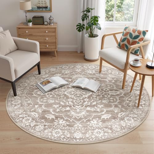 Soalmost Washable Round Rug 5ft for Living Room,Soft Circle Rug Light Brown | Vintage Floral Ultra-Thin Non-Slip 5x5 Round Throw Carpet for Entryway Nursery Bedroom Kitchen Dining Room 5'Round - color: Light Brown, size: 5' (Round)