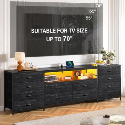 EnHomee 12 Drawers Dresser for Bedroom,TV Stand Fits 55/65/70 inch TVs | Entertainment Center with LED Lights & Power Outlets,Long Fabric Dresser with 2 Wood Shelves for Living Room,Black Wood Grain - color: Black Wood Grain