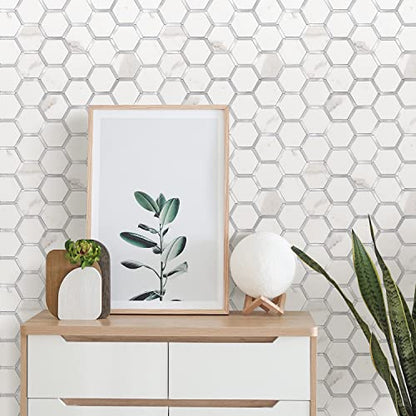 STICKGOO Hexagon Peel and Stick Backsplash Tile, Stick on Backsplash for Kitchen and Bathroom, White Marble Look PVC Mixed Metal Silver Self Adhesive Wall Tiles(10 Sheets, Seamless) - color: White Marble with Metal Silver