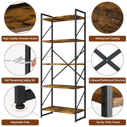 Shintenchi 5 Tiers Bookshelf, Classically Tall Bookcase Shelf, Industrial Book Rack, Modern Book Holder in Bedroom/Living Room/Home/Office, Storage Rack Shelves for Books/Movies-Rustic Brown - color: Rustic Brown