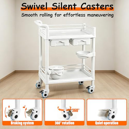 3-Tier Medical Mobile Trolley Cart, Rolling Esthetician Utility Cart | 330 Lbs Heavy Duty, with Drawers, Dirt Buckets & Bowl, 360° Rotate Lockable Wheels for Hospital, Dental Clinic, Beauty Salon - size: wide 28 in