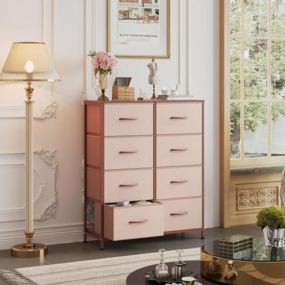 WLIVE Fabric Dresser for Bedroom, Tall Dresser with 8 Drawers, Storage Tower with Fabric Bins, Double Dresser, Chest of Drawers for Closet, Playroom, Dormitory, Pink and Rose Gold | Pink 8-drawer tall storage tower with fabric bins and wood tabletop, brea