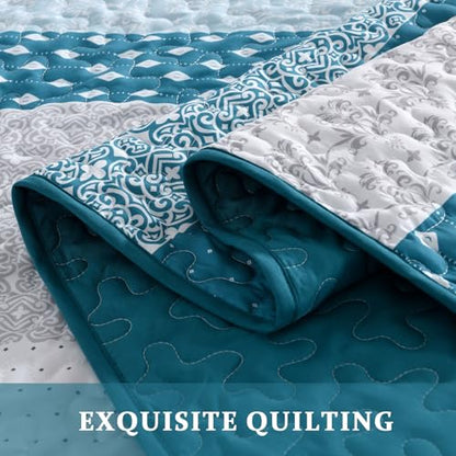 WONGS BEDDING Teal Blue Queen Size Quilt Set, Boho Striped Bedspread | 3 Pieces Ultra Soft Lightweight Bedding Set with 2 Pillow Shams for All Seasons,Reversible Polyester (96"x90") - color: Blue Grey, size: Queen