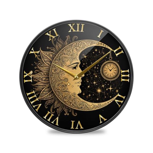 ALAZA Boho Crescent Moon Sun Mandala Wall Clock Battery Operated Silent Non Ticking Clocks for Living Room Decor 12 Inch / 9.5 Inch - color: Crescent Moon, size: 12x12in