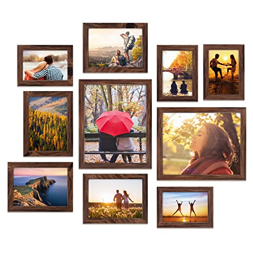Giftgarden 10-Pack Brown Picture Frames for Multiple Sizes Photos, Four 4x6, Four 5x7, Two 8x10, Multi Assorted Rustic Walnut-Color Frame Collage for Wall or Tabletop - color: Brown Without Mat