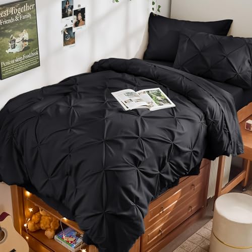 JOLLYVOGUE Twin Comforter Set 5 Pieces - Bed in a Bag Twin for All Season, Pintuck Bedding Comforter Sets with Comforter, Flat Sheet, Fitted Sheet and Pillowcases & Shams, Black - color: Black, size: Twin