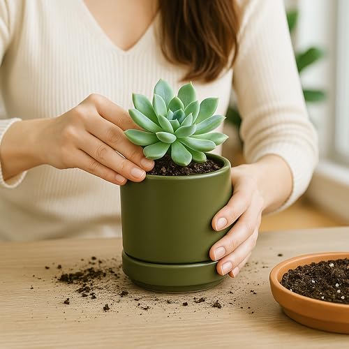 D'vine Dev 2-Pack Ceramic Pots with Saucers, Olive, 4.7 in, 94-V-B-J | Modern Cylinder Design, Glazed Ceramic, Drainage Hole & Saucer Included, High Temperature Fired, Elegant Home Accent - color: Olive, size: 4.7 Inch