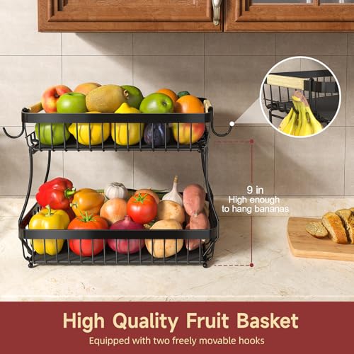 2-Tier Fruit Basket with Banana Hangers, Detachable Metal Bowl | Wooden handle, protective mats included. Versatile holder for bread, snacks, and veggies. Extra Large 2 tier metal design. - color: Black, size: 2 Tier Extra Large