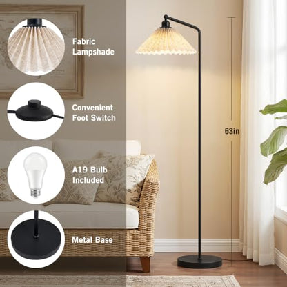 Floor Lamps for Living Room & Bedroom, 63" Modern Tall Standing Lamp, 3CCT | Rustic Pole Lamps for Home Office, Classroom, Bedside, Pleated Lampshade, Foot Switch, Easy Assembly (Bulb Included) - color: Black
