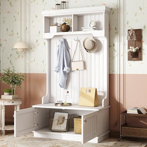 35.5 inch Hall Tree with Bench and Shoe Storage Shelf, Wood Hall Tree with 4 Hooks/Mudroom Bench with Storage and Hooks, Wood Hall Trees for Entryway, Hallway, Living Room, White - color: White, size: 35.5 inch