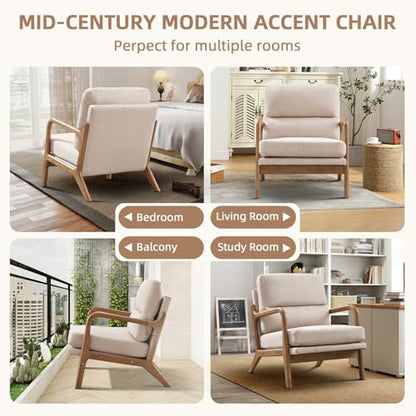 IOMOR Mid Century Modern Accent Chair, Linen Fabric Upholstered Lounge Armchair with Solid Wood Frame and Soft Cushion for Living Room, Bedroom (1, Linen Beige) - color: Linen Beige