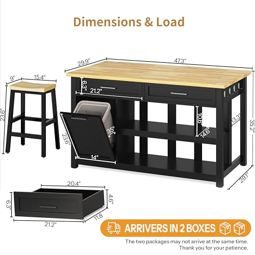 Kitchen Island with Storage and Seating Include 2 Bar Stools, Drawers,Black | 47" Solid Rubberwood Top Kitchen Island with Trash Can Storage, Power Outlet, 6 Hooks, Coffee Bar Cabinet, Dining Table for 2 - color: Black
