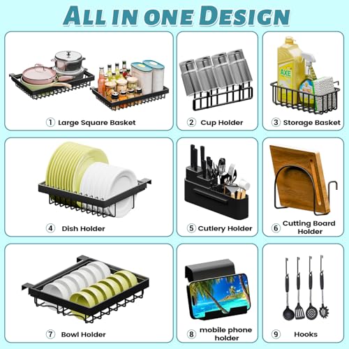 ADBIU Over The Sink Dish Drying Rack (Expandable Height and Length) Snap-On Design 2 Tier Large Dish Rack (27-40L x 12W x 32.5-37H (inches)) - color: Black, size: 27-40L x 12W x 32.5-37H (inches)