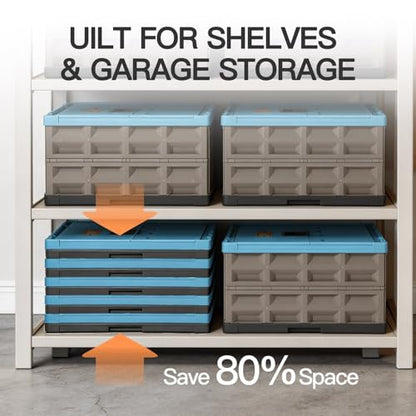 Heavy Duty Collapsible Storage Bins, Attached Lids, 12 Gal, 2 Pack | 400 LBS Stacking Strength, Secure Slide Lock, Durable PP Plastic, For Garage / RV / Car Trunk / Moving - color: Blue - 45L - Pack of 2