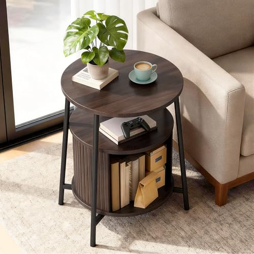 DHH Round End Tables Set of 2 & Charging Station, Fluted Accent Side Table with Sliding Door, Mid-Century Modem Nightstand Set for Small Space Storage, Living Room, Bedroom,Sofa Couch(Dark Walnut) - color: Dark Walnut