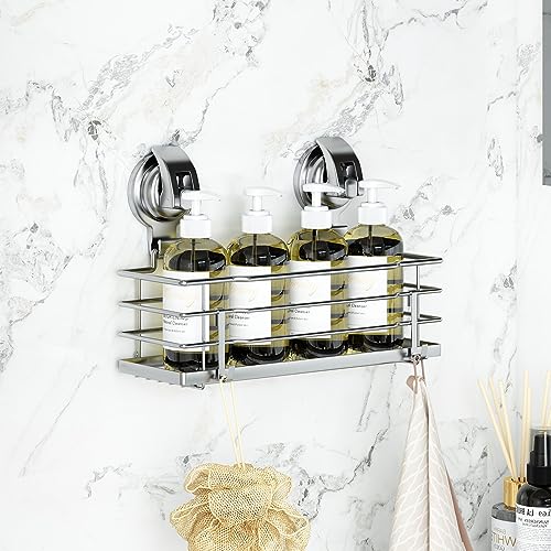TESOT Suction Cup Shower Caddy, Shower Shelf Soap Dish with Hooks for Razor, Sponge, Rust Proof 304 Stainless Steel, Silver - color: Silver