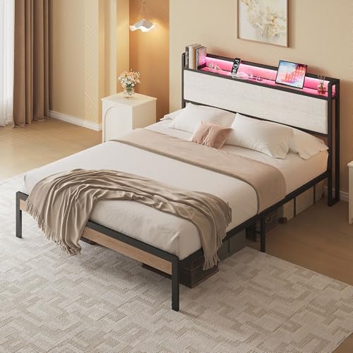 LIKIMIO Queen Bed Frame with Headboard, LED Lights and Charging Station - color: Natural and Cream, size: Queen