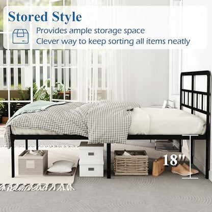 DiaOutro 18 Inch High Full Size Bed Frame with Headboard, Black | Heavy Duty Bed For Kids Adults, Steel Slat Supports No Box Spring Needed, Easy Assembly, Noise Free - size: Full, style: 18 Inch