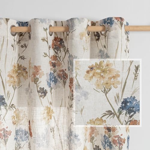MYSKY HOME Linen Floral Curtains & Drapes 63 Inch Long 2 Panels Semi Sheer Light Filtering Privacy Flower Print Grommet Window Treatments for Kitchen Bedroom, 52" Wide Each Panel, 2 Pcs, Yellow - color: A-yellow, size: 52"W x 63"L (Pack of 2)