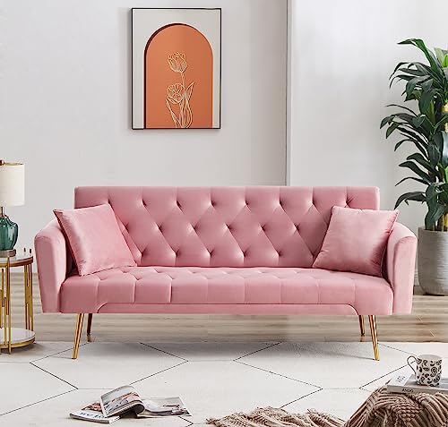 Anwick 72''Modern Velvet Sofa Bed Futon,Convertible Folding Sleeper Couches with 3 Adjustable Backrests,Tufted Recliner Loveseat with Golden Chrome Legs for Living Room Apartment Office (Pink) - color: Pink+pillows
