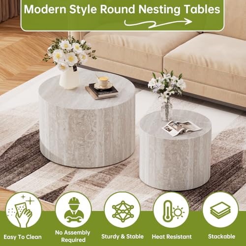 18 inch Round Travertine Nesting Coffee Table Set of 2, Terrazzo | Travertine Veneer, For Living Room, Mid-Century Modern Style, Nestable Design, Circular Nested End Table, For Small Spaces - color: Terrazzo