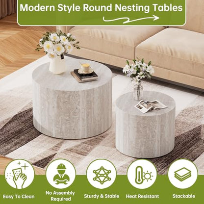 18 inch Round Travertine Nesting Coffee Table Set of 2, Terrazzo | Travertine Veneer, For Living Room, Mid-Century Modern Style, Nestable Design, Circular Nested End Table, For Small Spaces - color: Terrazzo