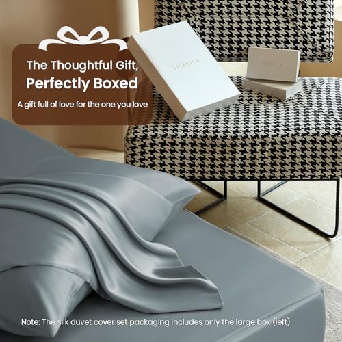 THXSILK Luxury Queen Silk Duvet Cover Set 3 Pieces, Extra Soft, Breathable & Cooling Bedding Set, Machine Washable & Durable, 1 Duvet Cover & 2 Pillowcases with Zipper Closure(Stone Blue) - color: Stone Blue, size: Queen (3 pcs)