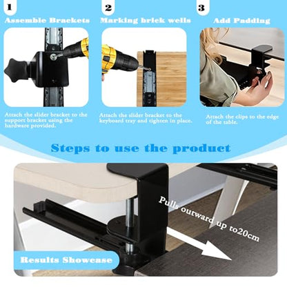 Sliding Keyboard Tray Under Desk Slide, 45°Swivel Keyboard Tray Keyboard Holder for Desk Pull Out Keyboard Drawer Under Desk Keyboard Tray Slide Out Clamp on Desk Shelf (Modern)
