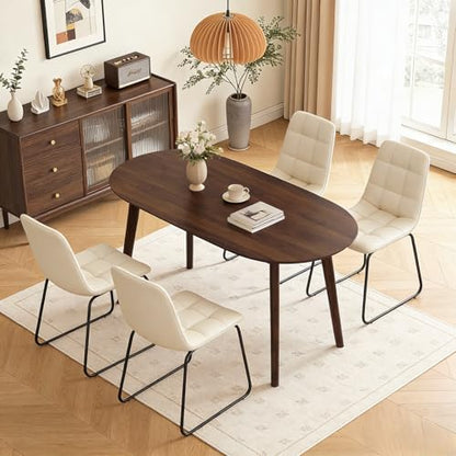 63" Oval Dining Table Set for 4 with Solid Wood Legs | 5 Piece Walnut Dining Table Set for Kitchen and Dining Room Furniture, 4 Beige Dining Chairs, Mid Century Modern - color: Walnut Table C-beige Chairs