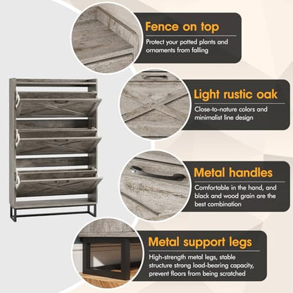 Maupvit Shoe Storage Cabinet with 3 Flip Drawers, Freestanding Organizer with Metal Legs for Entryway, Narrow Shoe Rack Cabinet, Light Rustic Oak - color: Light Rustic Oak, style: 3-Drawers