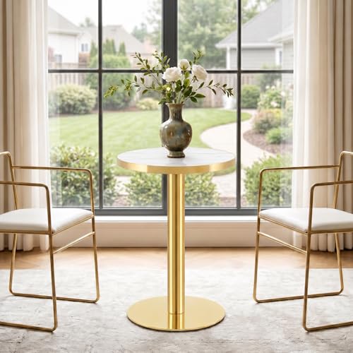 TesNus 23.6" Tulip Dining Table for 2, Small Round Tulip Table, Faux Marble Top with Gold Metal Pedestal Base, Modern Leisure Dining Table for Small Spaces, Cafe, Office, White&Gold - color: White Top&gold Base