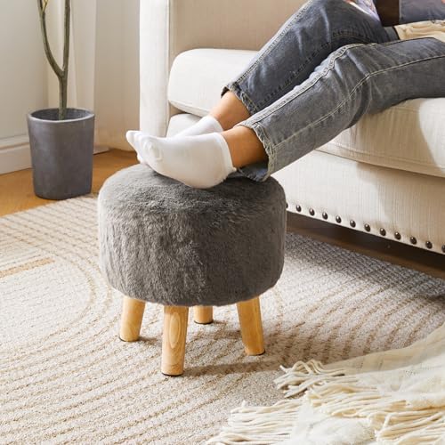 YMYNY Round Pouf Ottoman,12.6" Small Foot Stool,Dark Gray HBD035GR | Faux Fur, Wood Legs, Foot Rest for Couch, Modern Boho for Living Room Bedroom Office - color: Dark Gray