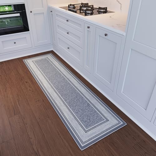 Ottomanson 2x7 Rug Runners for Hallways – Non-Slip Kitchen Rugs | Light Gray Border Indoor Entryway Rug – Ultra-Thin Floor Mat for Bathroom Laundry Room – Bedroom Carpet, 1'10" x 7' - color: Bordered Light Gray, size: 1'10" x 7' (Runner)