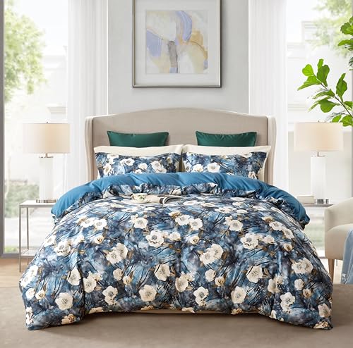 Cupocupa Duvet Cover Queen Size Set Boho Floral Pattern Queen Duvet Cover Set for Queen Size Bed Vintage Soft Bedding Leaf Print Duvet Cover with Pillowcases - color: Cobalt Blue, size: Queen
