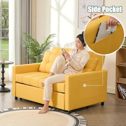 GOSUHI 52" 3-in-1 Convertible Sleeper Sofa Bed, Linen, Yellow | Pull-Out Bed, Stepless Adjustable Backrest, Side Pocket, Compact Loveseat, Living Room, Dorm & Apartment - color: Yellow