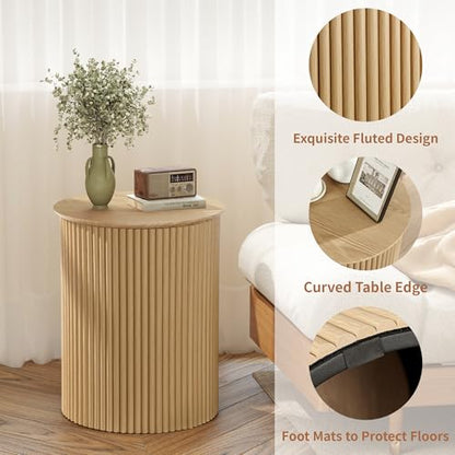 Round Fluted Side Table Set of 2, 17.7" Mid-Century Modern End Tables, Wooden Bedside Table Round Nightstand Small Circle Sofa Accent Table for Living Room, Bedroom Home(Natural) - color: Natural, size: 17.7"D x 17.7"W x 21.6"H