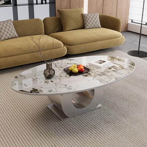 49.2" Oval Marble Coffee Table with Silver Stainless Steel Base, Luxury Modern White Sintered Stone Center Cocktail Tea Tables for Living Room,Easy Assembly - color: Style 3: Silver Base