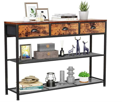 SONGMICS Console Table, Narrow Sofa Table with 2 Mesh Shelves | For Entryway, Living Room, 3 Fabric Drawers, Rustic Brown, BELLAH Collection ULGS098K101 - color: Rustic Brown, size: 11.8"D x 38.9"W x 31"H (3 Drawers)