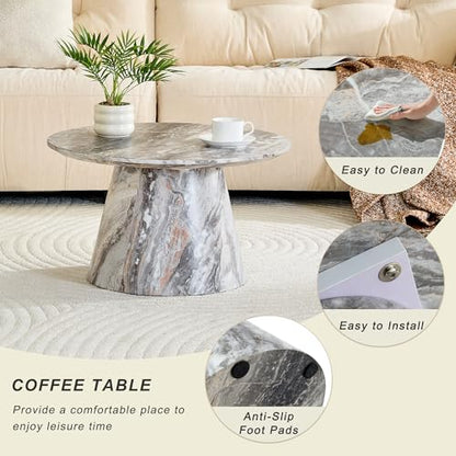 Faux Marble Coffee Table Set of 2, Modern Nesting Tables with Gray and Brown Marble Texture & Sturdy Cone Base, Round Layered Low Profile Accent Tables Ideal for Living Room, APT, Small Space - color: Gray Nesting Coffee Table