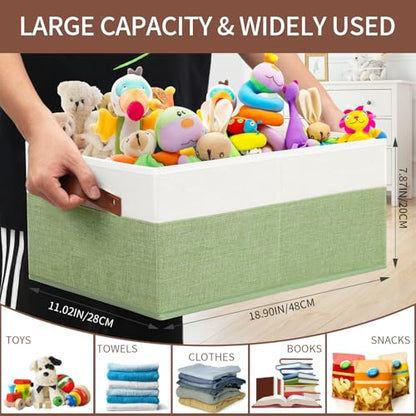 3 Pack Large Capacity Storage Bins Closet Organizer for Shelves | Fabric Closet Storage Baskets Boxes with Leather Handles for Organizing Clothes, Sheets, Jeans, Toys, Books (Green) - style: 3 Pack Green & White